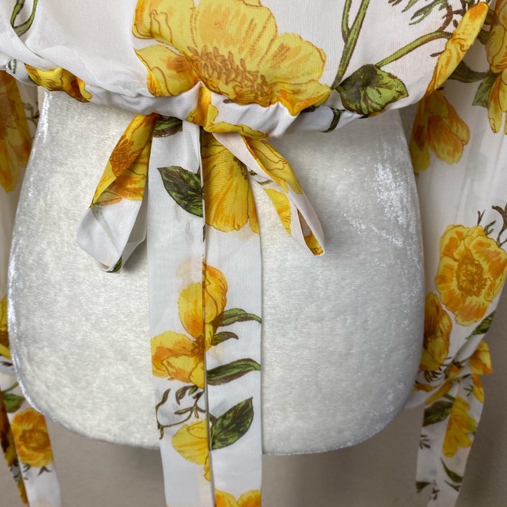 Favlux White & Yellow Floral Print Chiffon Cold Shoulder Crop Top Size Large - Picture 9 of 10